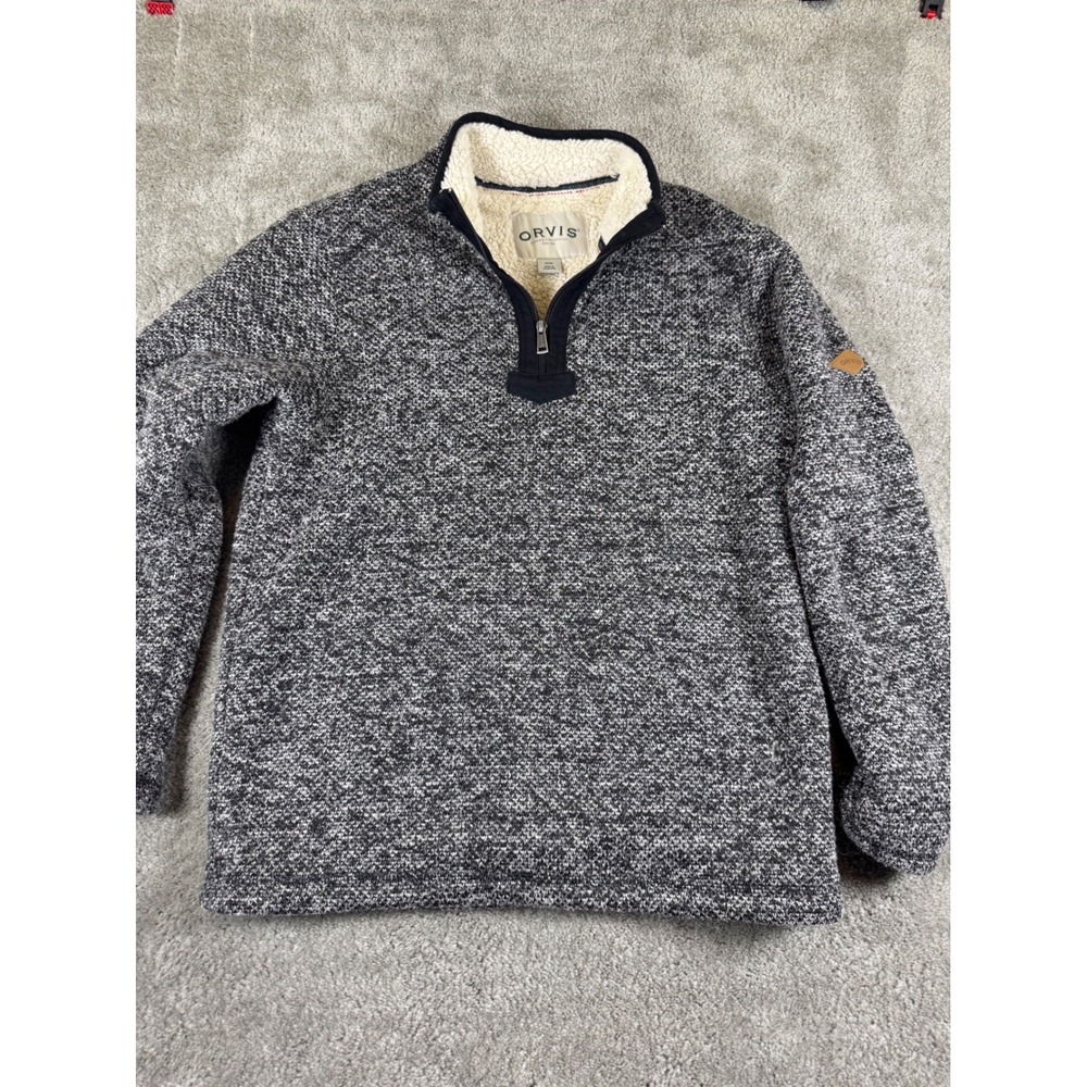 Orvis Mens Quarter Zip Pullover Sweater Marled Black White Sherpa Lined Medium